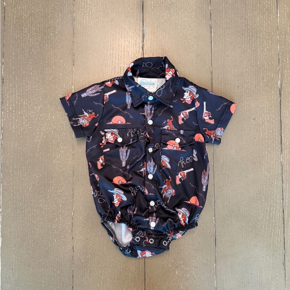 Shea Baby Boys’ 6-12M “Yeehaw Cowboy” Pearl Snap Bodysuit • Western Polo Onesie